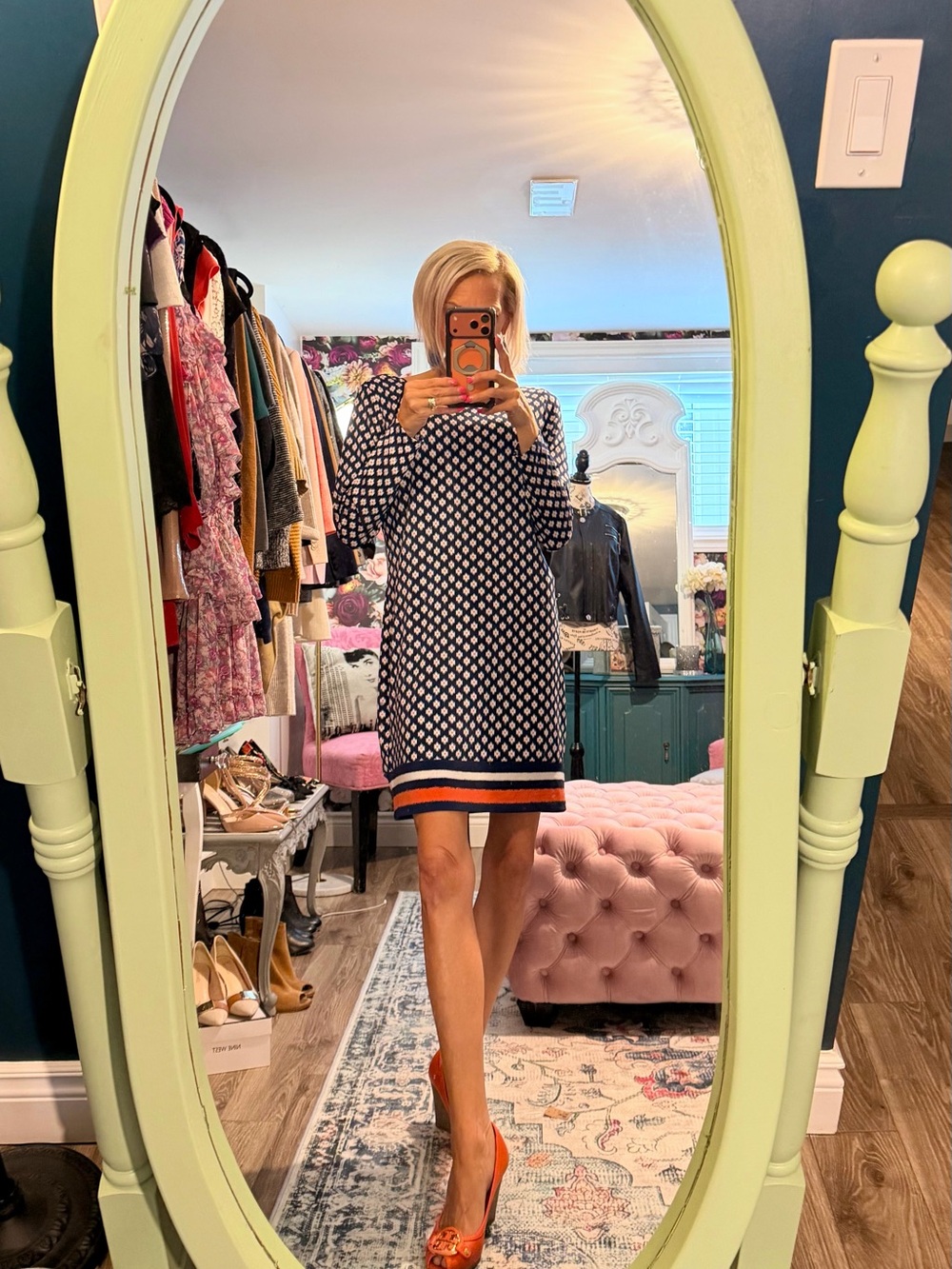 Michael Kors Navy Diamond-Print Long-Sleeve Shift Dress with Orange Trim